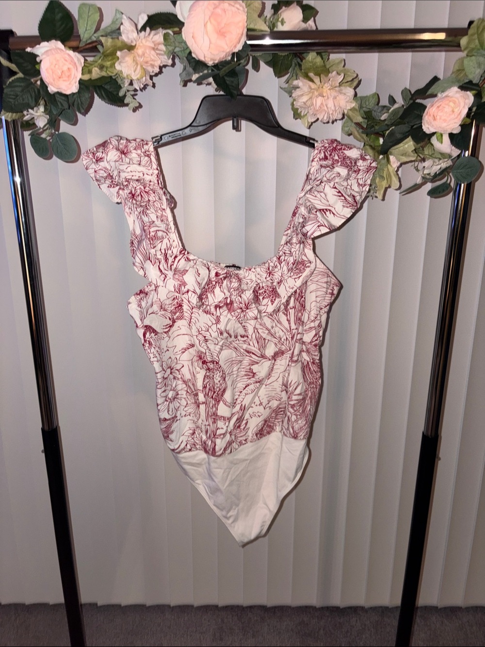 Express White Bodysuit with Burgundy Floral Print